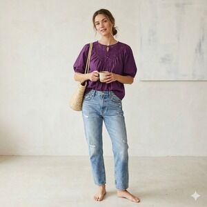 Calypso St. Barth Purple Cotton Lace Keyhole Puff Sleeve Blouse Button Size L